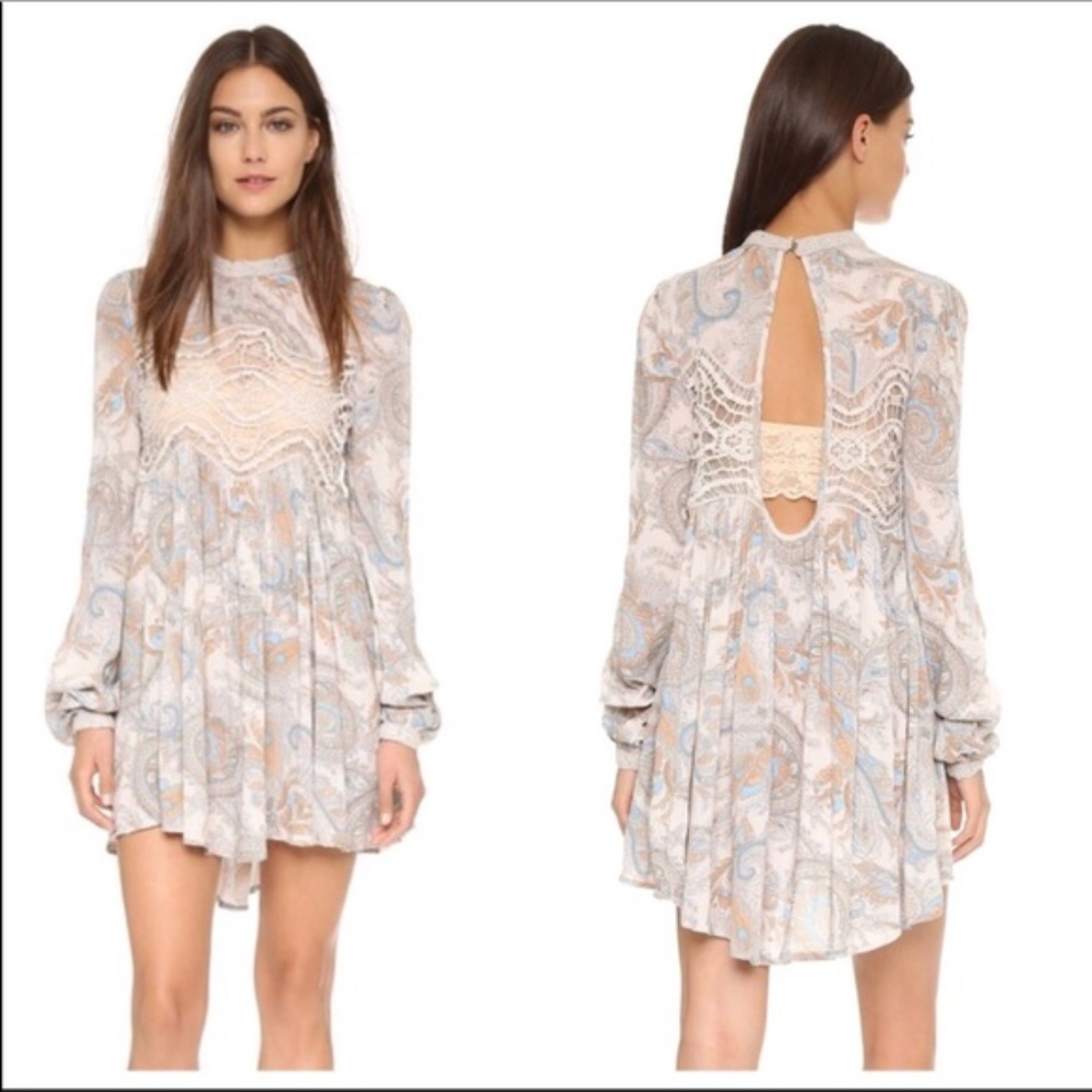 Free People Pastel Paisley Long Sleeve Mini Dress - Cream, Light Blue, Tan